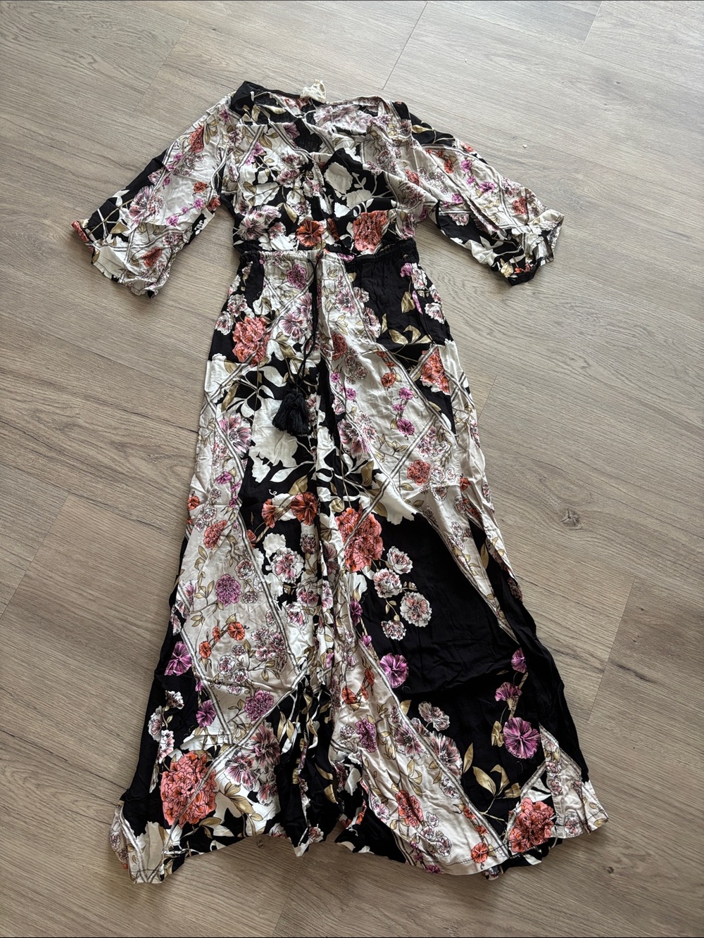 Jaase Black Cream and Pink Floral Wrap Jumpsuit